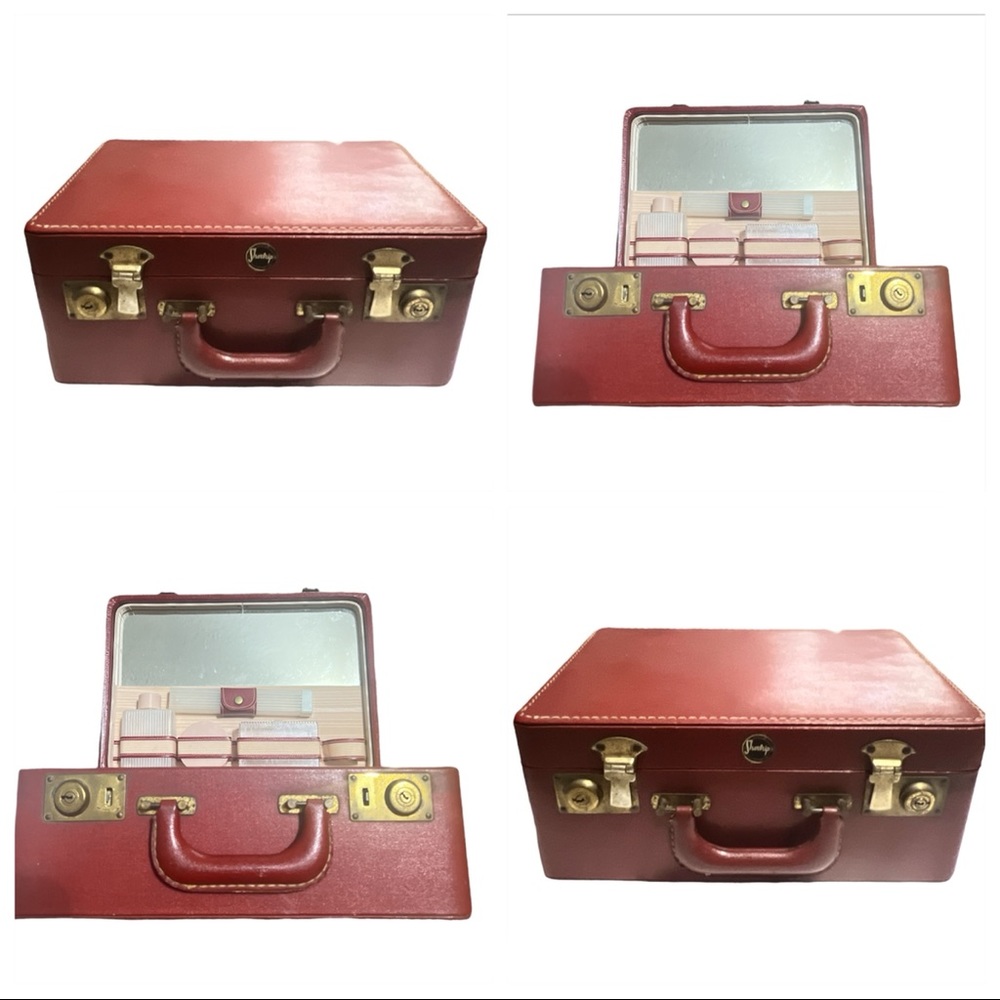 Sold/Shortrip 1940’s Vintage Burgandy Leather Makeup Train Case with Accessories - Picture 1 of 9